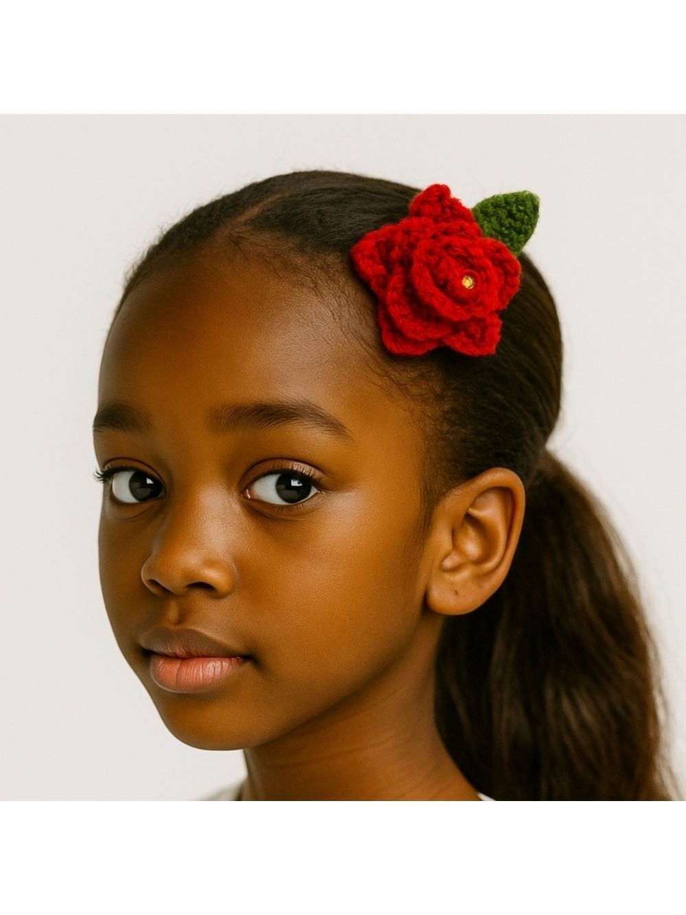 Hand Crafted hand knit crochet red rose hair barrette bow boho handmade floral